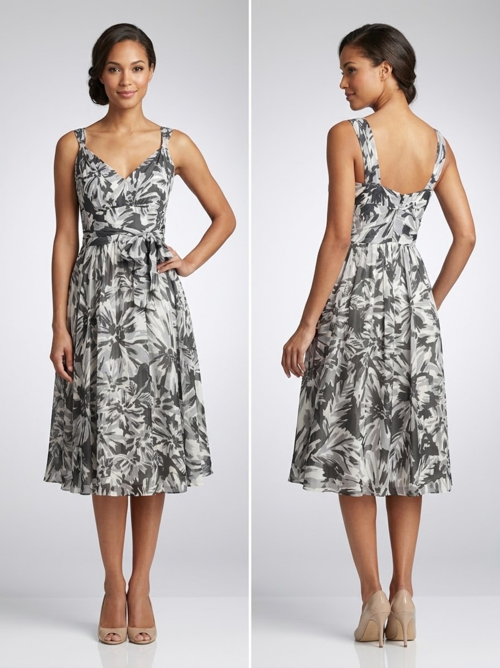 Teri Jon Black & White Floral Midi Dress